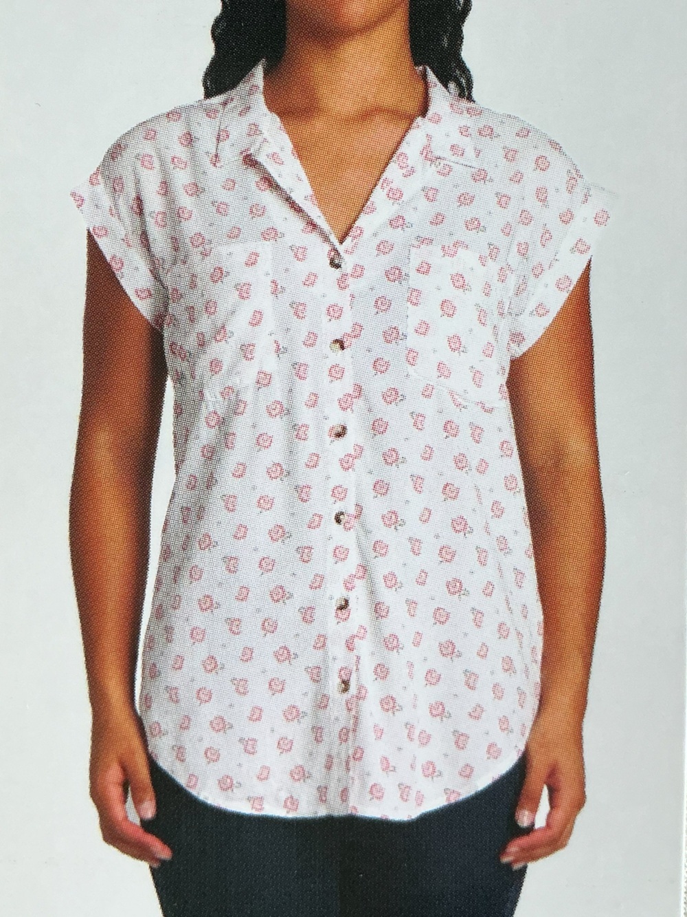 Jachs White Button-Front Top with Pink Floral Print